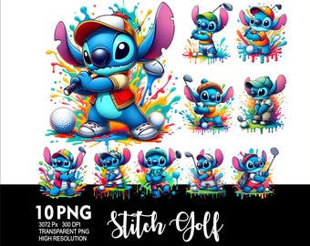 Könnte beinhalten: Zehn digitale Illustrationen von Stitch aus Lilo & Stitch beim Golfspielen. Jedes Bild zeigt Stitch in einer anderen Pose mit einem Golfschläger und einem Golfball. Der Hintergrund ist ein bunter Farbklecks.