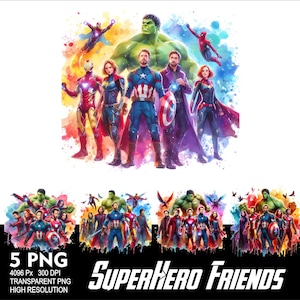 Può includere: Un'illustrazione digitale di personaggi di supereroi dei Marvel Comics. I personaggi sono in piedi in gruppo, con un Hulk verde al centro. Lo sfondo è un design ad acquerello colorato. L'immagine è etichettata "Superhero Friends".