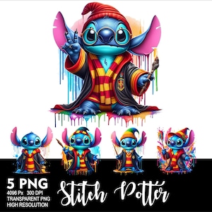 May include: Five digital illustrations of Stitch from Lilo & Stitch dressed as a Harry Potter character. Stitch is wearing a Hogwarts uniform with a Gryffindor scarf and holding a wand. The background is a colorful watercolor effect. The text "Stitch Potter" is at the bottom of the image.