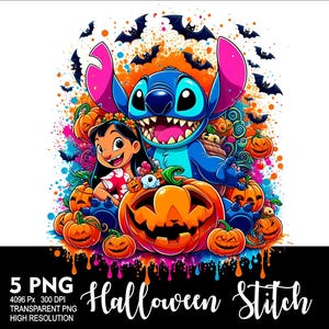 Może przedstawiać: Kolorowa cyfrowa ilustracja Stitch'a z Lilo & Stitch, ubranego w niebieski kostium, z dziewczyną w r&oacute;żowo-białej sukience. Są otoczeni przez dynie i nietoperze. Tekst "Halloween Stitch" znajduje się na dole obrazu.
