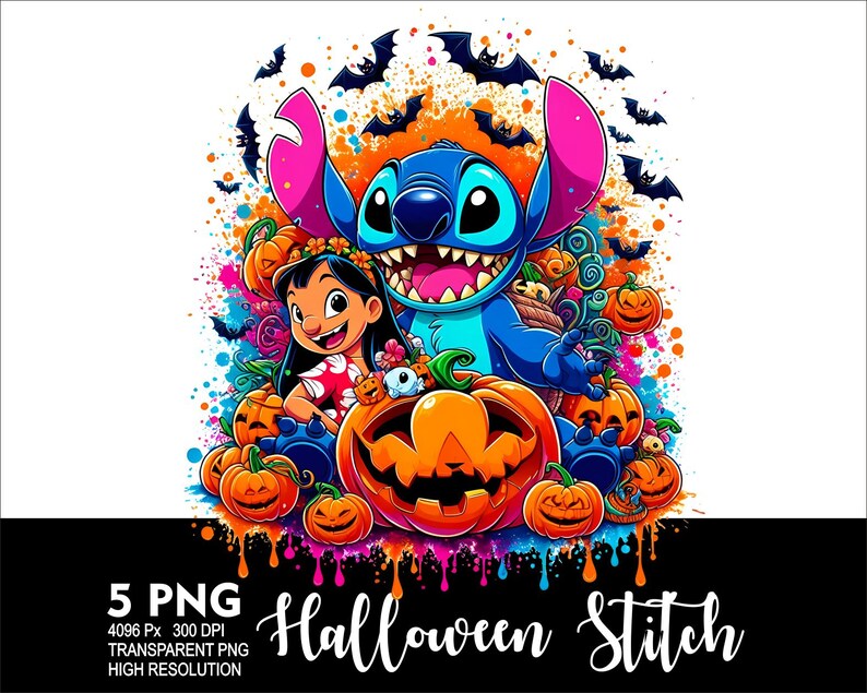 Może przedstawiać: Kolorowa cyfrowa ilustracja Stitch'a z Lilo & Stitch, ubranego w niebieski kostium, z dziewczyną w r&oacute;żowo-białej sukience. Są otoczeni przez dynie i nietoperze. Tekst "Halloween Stitch" znajduje się na dole obrazu.