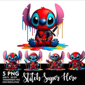 May include: Stitch, a blue and red cartoon character, is dressed as a superhero. He is standing in a puddle of colorful paint. The image includes the text "Stitch Super Hero".