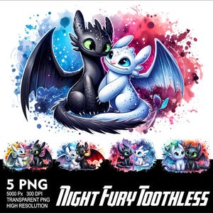 Cartoon Night Fury en Light Fury Aquarel 5 PNG Tandeloos Ontwerp voor Sublimatie Png 300 DPI Hoge Resolutie Png T-shirt Mok Tumpler