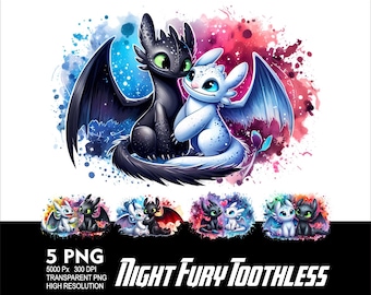 Dibujos animados de Furia Nocturna y Furia Luminosa en acuarela (5 PNG). Diseño de Desdentado para sublimación (PNG de alta resolución, 300 ppp). Ideal para camisetas, tazas y vasos térmicos.
