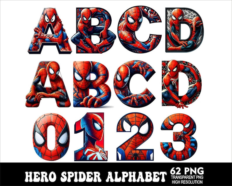 Pu&ograve; includere: Un set di 62 immagini digitali con un alfabeto e numeri a tema Spider-Man in rosso e nero. Le lettere e i numeri sono in stile cartone animato con un personaggio di Spider-Man in ogni immagine.