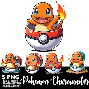 May include: A digital illustration featuring a cheerful orange Charmander character emerging from a red and white Poké Ball. The image includes several variations of Charmander in Poké Balls, with the text "5 PNG" and "Pokemon Charmander".