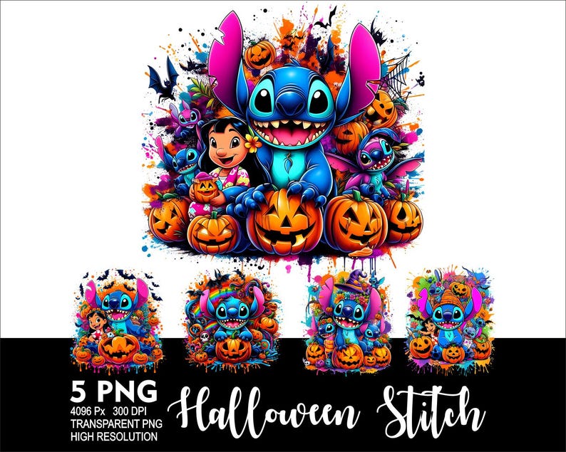 Może przedstawiać: Pięć cyfrowych obraz&oacute;w Stitch'a z Lilo & Stitch przebranego w kostium na Halloween. Stitch ma na sobie niebieski i fioletowy kostium z dynią w ręku. Tło to kolorowy, rozbryzgany wz&oacute;r z dyniami i innymi elementami Halloween.