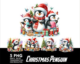 Christmas Penguin Watercolor 5 PNG Design for Sublimation Png 300DPI High Resolution Png Tshirt Mug Tumpler Sticker Png Penguin Design