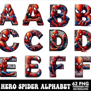 Pu&ograve; includere: Un set di 62 lettere dell'alfabeto con un personaggio di ragno supereroe. Ogni lettera &egrave; illustrata con un personaggio di ragno rosso e blu in una posa dinamica. Le lettere sono in un carattere nero e grassetto. Il testo "HERO SPIDER ALPHABET" &egrave; nella parte inferiore dell'immagine. Il testo "62 PNG" &egrave; nella parte inferiore destra dell'immagine. Il testo "TRANSPARENT PNG" &egrave; sotto il testo "62 PNG". Il testo "HIGH RESOLUTION" &egrave; sotto il testo "TRANSPARENT PNG".