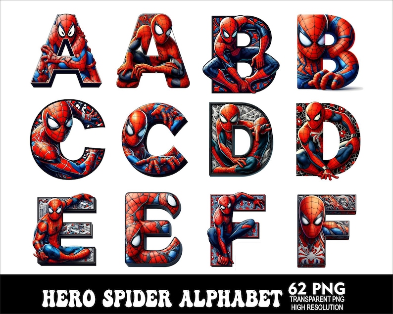 Pu&ograve; includere: Un set di 62 lettere dell'alfabeto con un personaggio di ragno supereroe. Ogni lettera &egrave; illustrata con un personaggio di ragno rosso e blu in una posa dinamica. Le lettere sono in un carattere nero e grassetto. Il testo "HERO SPIDER ALPHABET" &egrave; nella parte inferiore dell'immagine. Il testo "62 PNG" &egrave; nella parte inferiore destra dell'immagine. Il testo "TRANSPARENT PNG" &egrave; sotto il testo "62 PNG". Il testo "HIGH RESOLUTION" &egrave; sotto il testo "TRANSPARENT PNG".