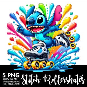May include: A blue Stitch character from Disney's Lilo & Stitch wearing roller skates and surrounded by colourful paint splatters.