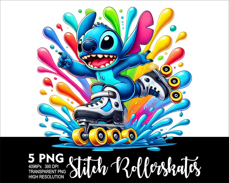 May include: A blue Stitch character from Disney's Lilo & Stitch wearing roller skates and surrounded by colourful paint splatters.