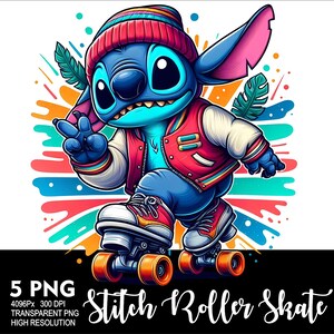 May include: A blue cartoon character wearing a red and white jacket and a blue hat is roller skating. The character has large blue eyes and a wide smile. The background is a colourful abstract design.