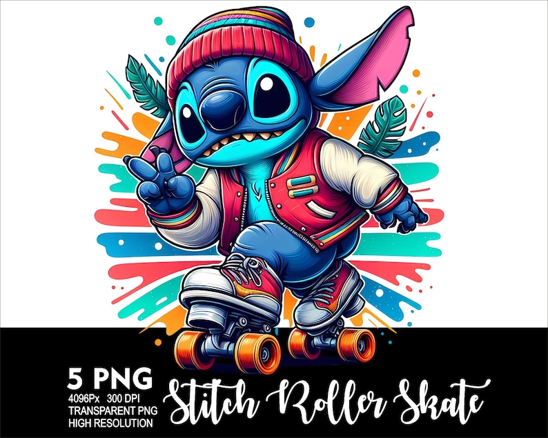May include: A blue cartoon character wearing a red and white jacket and a blue hat is roller skating. The character has large blue eyes and a wide smile. The background is a colourful abstract design.