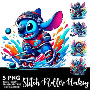 May include: A digital illustration of the character Stitch playing roller hockey. Stitch is wearing a red and blue hockey jersey and helmet, with roller skates and a hockey stick. The image includes colorful paint splashes and the text "Stitch Roller Hockey".