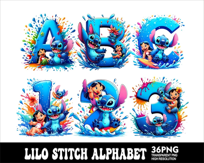May include: A colorful alphabet featuring the characters Lilo and Stitch from the Disney movie Lilo & Stitch. Each letter is surrounded by blue, green, and purple paint splatters. The letters are blue and white, and the characters are in various poses.