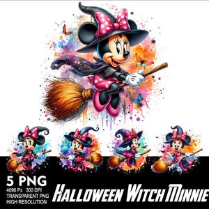Peut inclure: Une illustration numérique de Minnie Mouse habillée en sorcière, chevauchant un balai avec une robe rose et noire, un chapeau noir et un nœud rose. Elle vole dans les airs avec des éclaboussures d'aquarelle colorées en arrière-plan. L'image est intitulée "Halloween Witch Minnie".