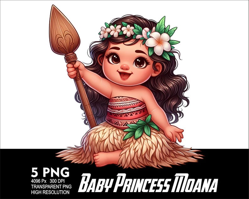 May include: A cartoon illustration of a baby princess Moana wearing a flower crown and holding a spear. She is wearing a red and white skirt and a brown grass skirt. The background is white.