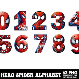 Pu&ograve; includere: Un set di 10 numeri da 0 a 9 a tema Spiderman, in rosso e blu, su sfondo bianco. Ogni numero presenta un design di personaggio di Spiderman.