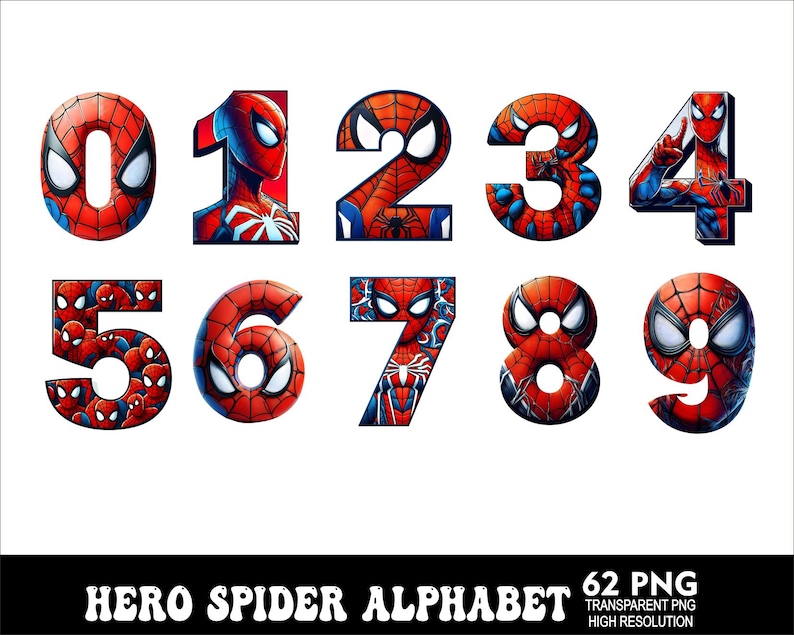 Pu&ograve; includere: Un set di 10 numeri da 0 a 9 a tema Spiderman, in rosso e blu, su sfondo bianco. Ogni numero presenta un design di personaggio di Spiderman.