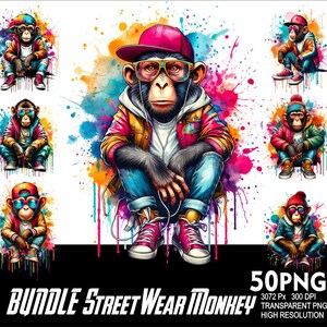 May include: A bundle of 50 digital images featuring monkeys wearing street wear. The monkeys are wearing sunglasses, hats, and jackets. The images are set against a colorful background with paint splatters.