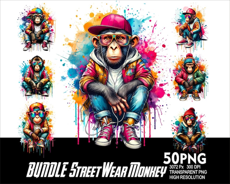 May include: A bundle of 50 digital images featuring monkeys wearing street wear. The monkeys are wearing sunglasses, hats, and jackets. The images are set against a colorful background with paint splatters.