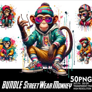 May include: A set of five digital illustrations featuring monkeys wearing street wear clothing. The monkeys are wearing hats, sunglasses, and colorful clothing. The illustrations are in a cartoon style and have a vibrant color palette.