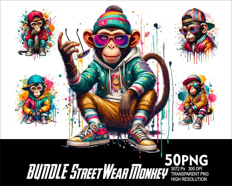 May include: A set of five digital illustrations featuring monkeys wearing street wear clothing. The monkeys are wearing hats, sunglasses, and colorful clothing. The illustrations are in a cartoon style and have a vibrant color palette.