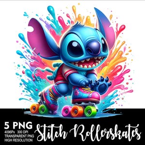 May include: A blue Stitch character with large eyes and a toothy grin is wearing red and white roller skates. The character is surrounded by colourful paint splatters.