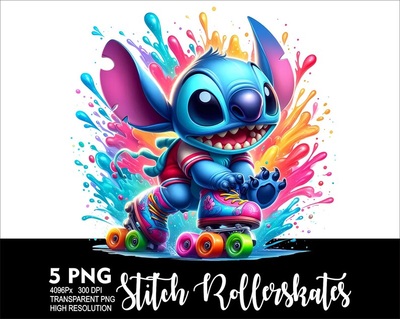 May include: A blue Stitch character with large eyes and a toothy grin is wearing red and white roller skates. The character is surrounded by colourful paint splatters.
