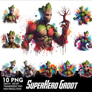 Pode incluir: Uma ilustração digital de um Groot super-herói em várias poses. O personagem é retratado em um esquema de cores verde e marrom com acentos vermelhos. O fundo apresenta um efeito de aquarela com respingos de cor.