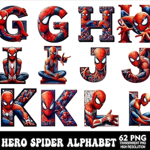Pu&ograve; includere: Un set di 62 lettere dell'alfabeto con un personaggio di supereroe in un costume rosso e blu. Ogni lettera &egrave; composta da pi&ugrave; immagini del personaggio in diverse pose. Le lettere sono in grassetto, in nero.