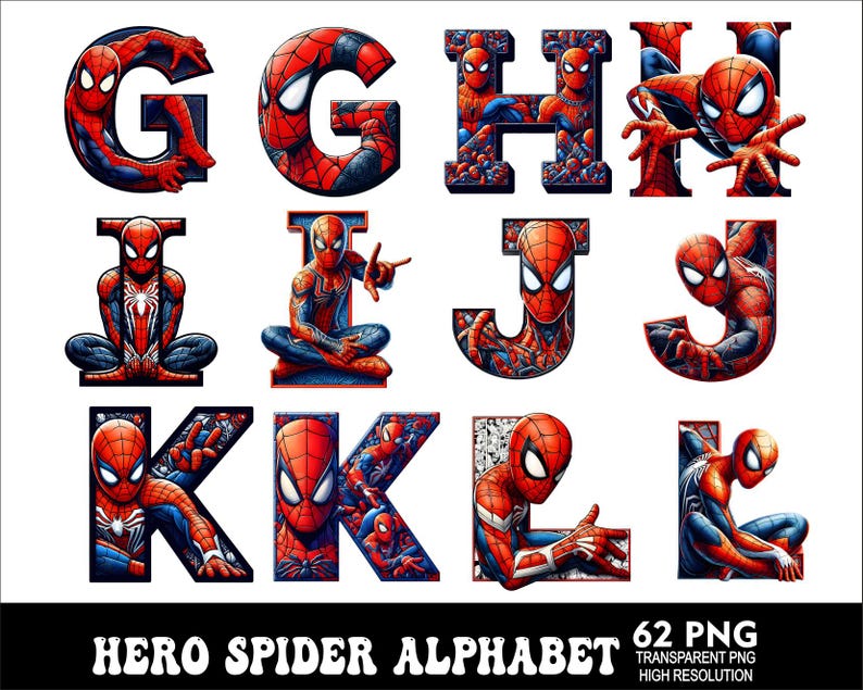 Pu&ograve; includere: Un set di 62 lettere dell'alfabeto con un personaggio di supereroe in un costume rosso e blu. Ogni lettera &egrave; composta da pi&ugrave; immagini del personaggio in diverse pose. Le lettere sono in grassetto, in nero.
