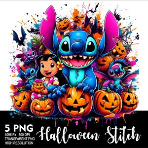 Może przedstawiać: Niebieska postać Stitch z Lilo & Stitch jest otoczona przez dynie i inne postacie z Halloween. Tło to kolorowe rozbryzgi farby. Tekst "Halloween Stitch" znajduje się na dole obrazu.