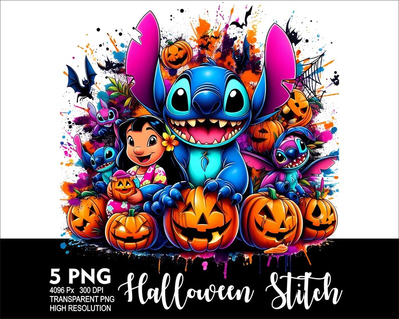 Może przedstawiać: Niebieska postać Stitch z Lilo & Stitch jest otoczona przez dynie i inne postacie z Halloween. Tło to kolorowe rozbryzgi farby. Tekst "Halloween Stitch" znajduje się na dole obrazu.