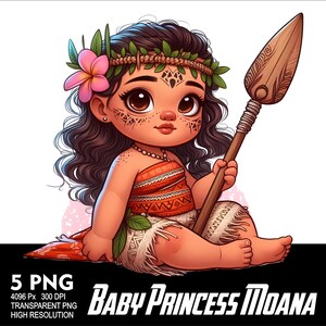 May include: A cartoon illustration of a young girl with long dark hair wearing a flower crown and a traditional Polynesian outfit. She is holding a wooden spear and has a determined expression on her face. The image is titled "Baby Princess Moana".