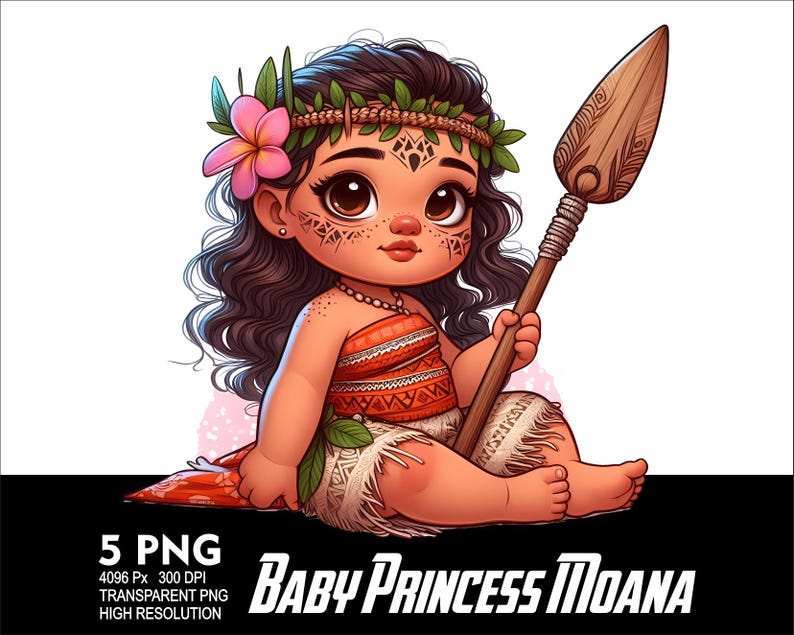 May include: A cartoon illustration of a young girl with long dark hair wearing a flower crown and a traditional Polynesian outfit. She is holding a wooden spear and has a determined expression on her face. The image is titled "Baby Princess Moana".