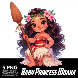 May include: A cartoon illustration of a young girl with long brown hair wearing a red and white dress and a flower crown. She is holding a wooden spear and has a friendly expression on her face. The image is set against a white background.