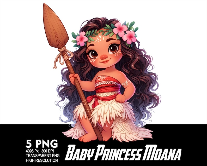 May include: A cartoon illustration of a young girl with long brown hair wearing a red and white dress and a flower crown. She is holding a wooden spear and has a friendly expression on her face. The image is set against a white background.