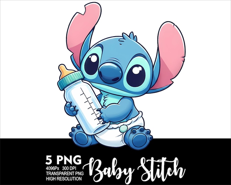 以下が含まれることがあります： ベビー・スティッチの漫画イラスト。青いエイリアンキャラクターが哺乳瓶を持っています。スティッチは大きな黒い目、ピンクの耳をしており、おむつをしています。画像には、スクリプトフォントで「Baby Stitch」というテキストが含まれています。