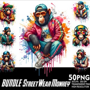 May include: A set of 50 digital illustrations of monkeys wearing street wear clothing. The monkeys are wearing hats, sunglasses, and jackets. The illustrations are in a cartoon style and have a colorful background.