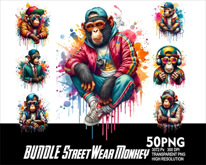 May include: A set of 50 digital illustrations of monkeys wearing street wear clothing. The monkeys are wearing hats, sunglasses, and jackets. The illustrations are in a cartoon style and have a colorful background.