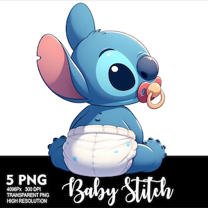 May include: A blue baby Stitch character with a dummy in its mouth, wearing a white nappy and sitting on a white background. The text "Baby Stitch" is written below the character.