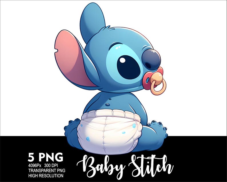 May include: A blue baby Stitch character with a dummy in its mouth, wearing a white nappy and sitting on a white background. The text "Baby Stitch" is written below the character.