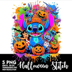 Może przedstawiać: Kolorowa cyfrowa ilustracja Stitch'a z Lilo & Stitch przebranego za postać z Halloween. Stitch jest otoczony przez dynie i inne symbole Halloween. Tekst "Halloween Stitch" jest napisany pod obrazkiem.