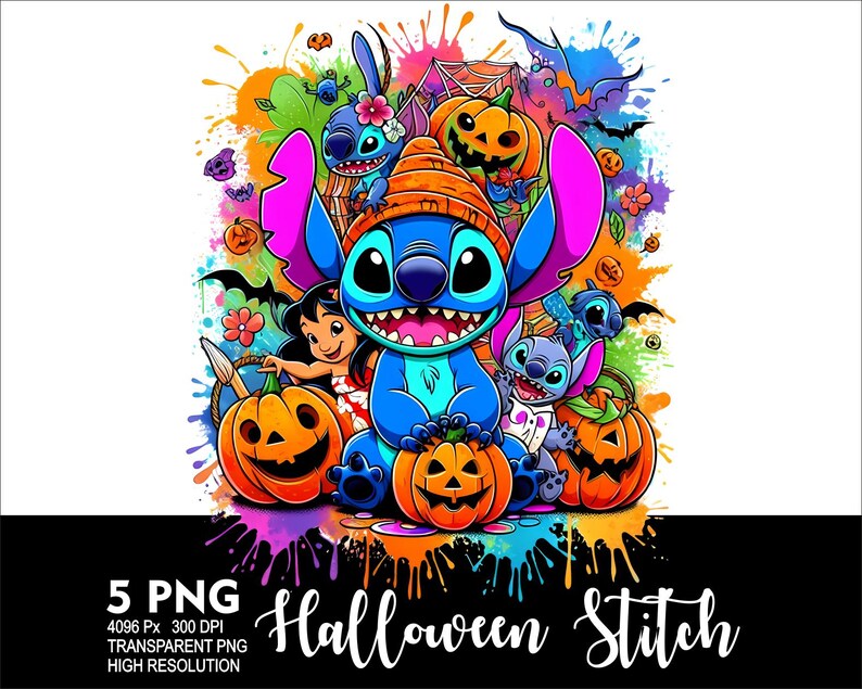 Może przedstawiać: Kolorowa cyfrowa ilustracja Stitch'a z Lilo & Stitch przebranego za postać z Halloween. Stitch jest otoczony przez dynie i inne symbole Halloween. Tekst "Halloween Stitch" jest napisany pod obrazkiem.
