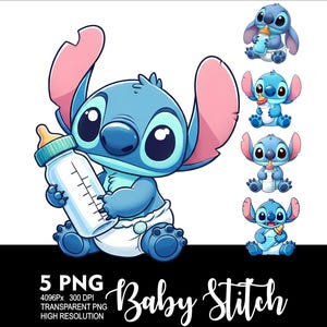 以下が含まれることがあります： ベビー・スティッチのデジタルイラスト。青い宇宙人のキャラクターが哺乳瓶を持っています。画像には、哺乳瓶を持ったスティッチの小さなバージョンがいくつか含まれています。「Baby Stitch」の文字は筆記体で書かれています。