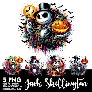 Puede incluir: Cinco ilustraciones digitales de Jack Skellington de la película Pesadilla antes de Navidad. Cada imagen presenta a Jack Skellington en una pose diferente, con un fondo abstracto colorido. Las imágenes son de alta resolución y archivos PNG transparentes.