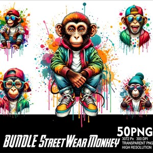 May include: A digital download of 50 PNG images featuring cartoon monkeys wearing street wear clothing. The monkeys are wearing colorful clothing, hats, and sunglasses. The images are set against a colorful background with paint splatters.