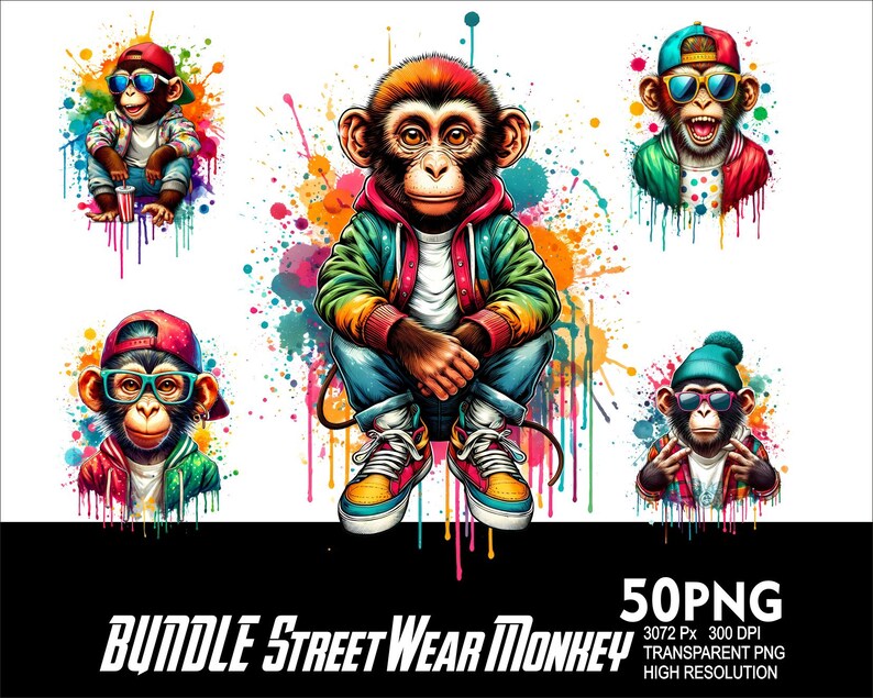May include: A digital download of 50 PNG images featuring cartoon monkeys wearing street wear clothing. The monkeys are wearing colorful clothing, hats, and sunglasses. The images are set against a colorful background with paint splatters.